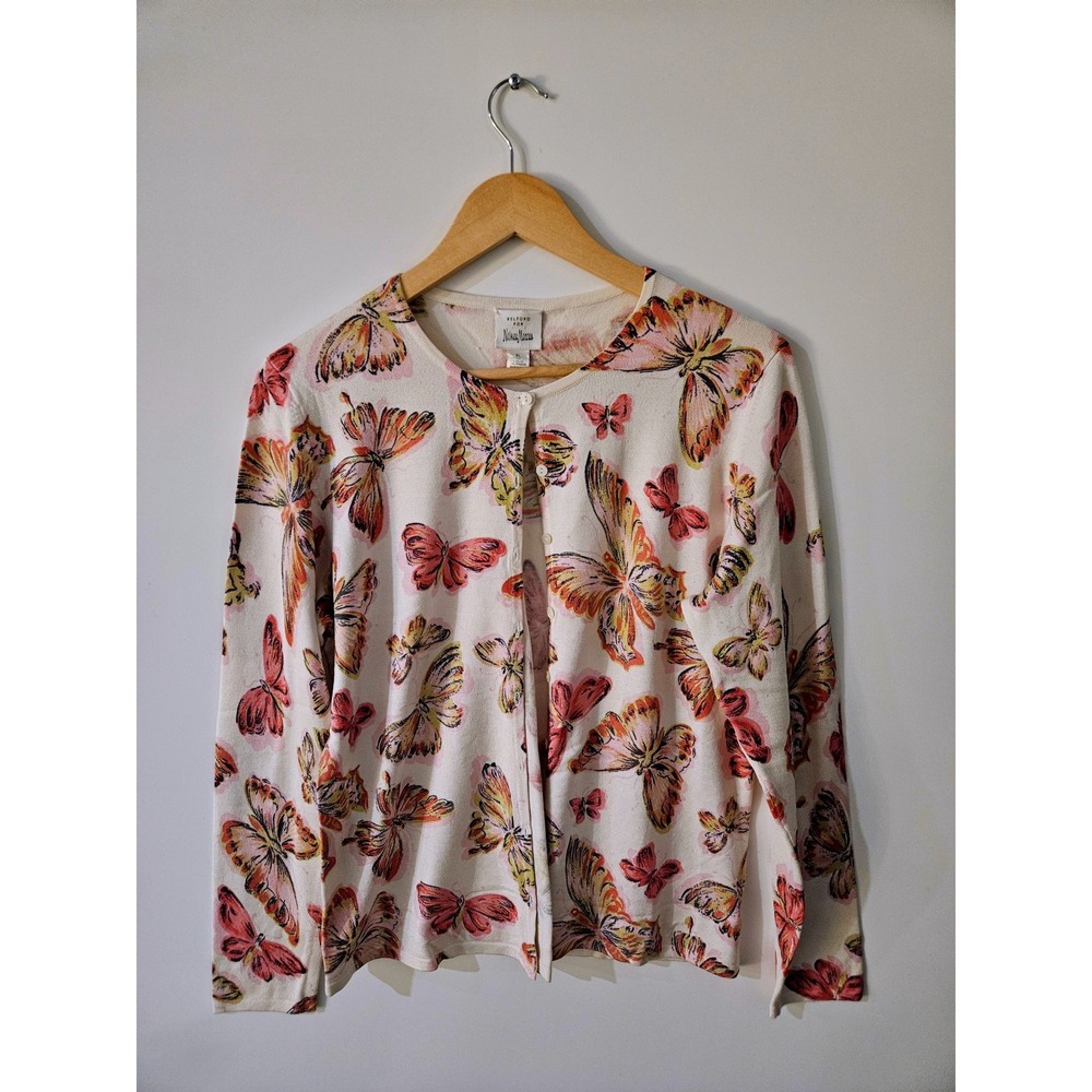 Belford Neiman Marcus Silk Blend Butterfly Cardigan Sweater Cream Pink XL Preppy